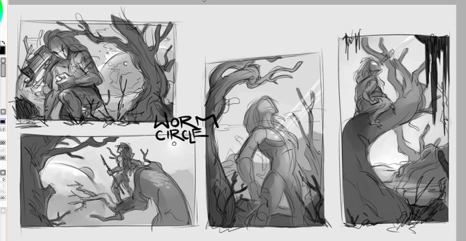 trying my hand at painting bgs again after these thumbs and more character design stuff. (weapons are gatling gun based) going to sci-fi them up later + armor concepts 