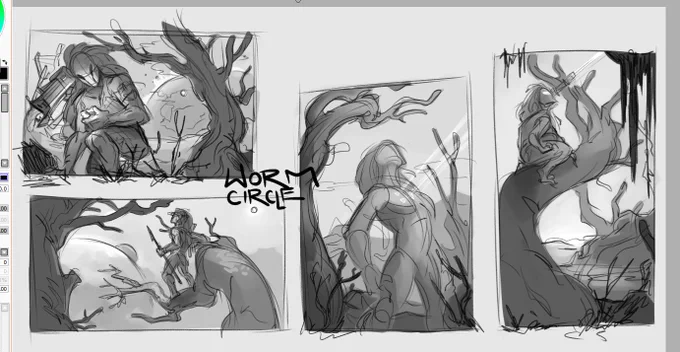 trying my hand at painting bgs again after these thumbs and more character design stuff. (weapons are gatling gun based) going to sci-fi them up later + armor concepts 