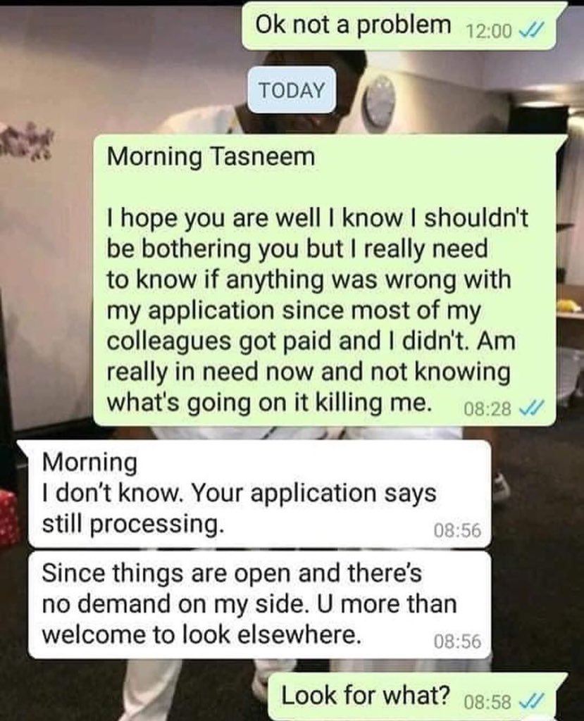 AdvoBarryRoux's tweet photo. This is a conversation between an employer &amp; an employee of a Day Spa called Aronia Day Spa Houghton. https://t.co/qWlQiA7hvo