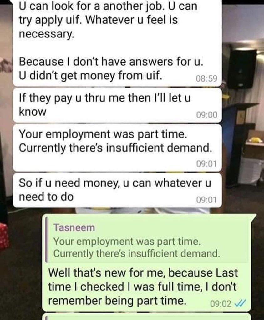AdvoBarryRoux's tweet photo. This is a conversation between an employer &amp; an employee of a Day Spa called Aronia Day Spa Houghton. https://t.co/qWlQiA7hvo