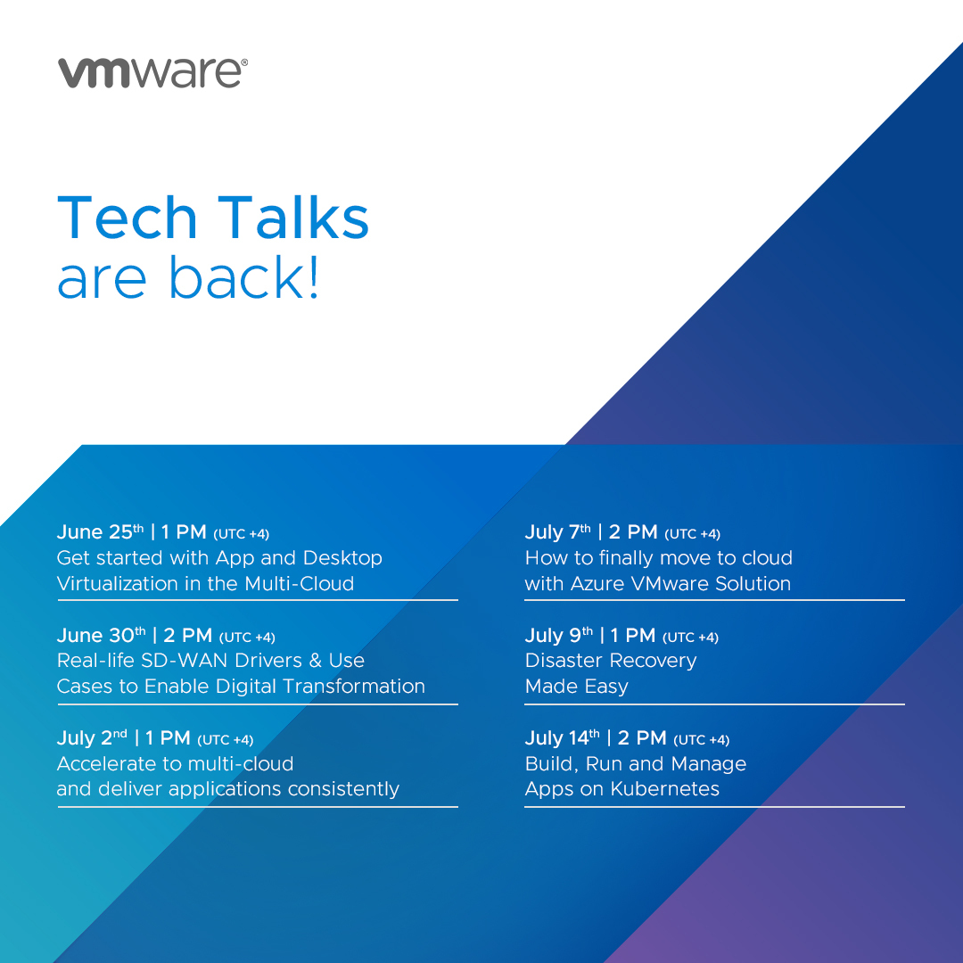 VMware_ME's tweet photo. #VMwareTechTalks are returning!
Over the coming weeks #VMware experts will be taking over our social channels to discuss the best strategies for making your organization more resilient, no matter the circumstances. Stay tuned! https://t.co/IX0GniqQc8