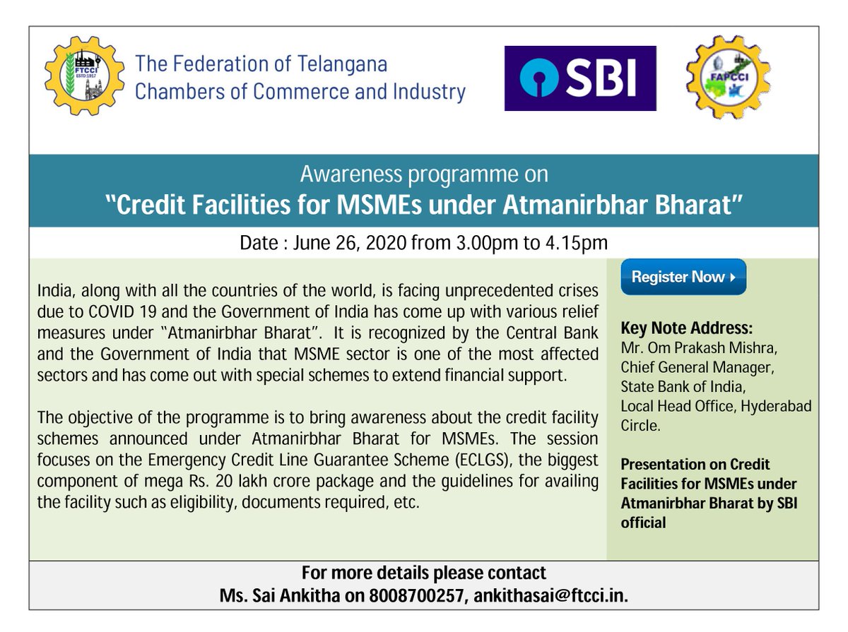 FTCCI's tweet photo. @FTCCI in association with #FAPCCI and @TheOfficialSBI is organizing an #AwarenessProgramme on “#CreditFacilities for #MSMEs under #AtmanirbharBharat” on 26th June, 2020 at 3pm

🗓️ : 26 June, 2020
🕒 : 3pm to 4:15pm
🆓 Entry

📝Register Here:⤵️
https://t.co/iXecUWKJBh https://t.co/PtGKmpTIfh
