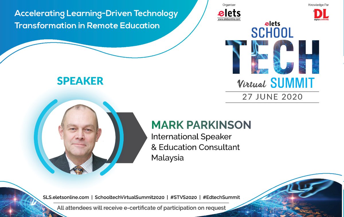 dl_magazine's tweet photo. .@eletsonline is delighted to have Mark Parkinson, International Speaker & #EducationConsultant, #Malaysia as an Eminent Speaker at the School Tech Virtual Summit, which will be held on 27 June, 2020.
Register Now: https://t.co/AvR97wtvan
#SchoolTechVirtualSummit2020 #STVS2020 https://t.co/pkB50jgAC1