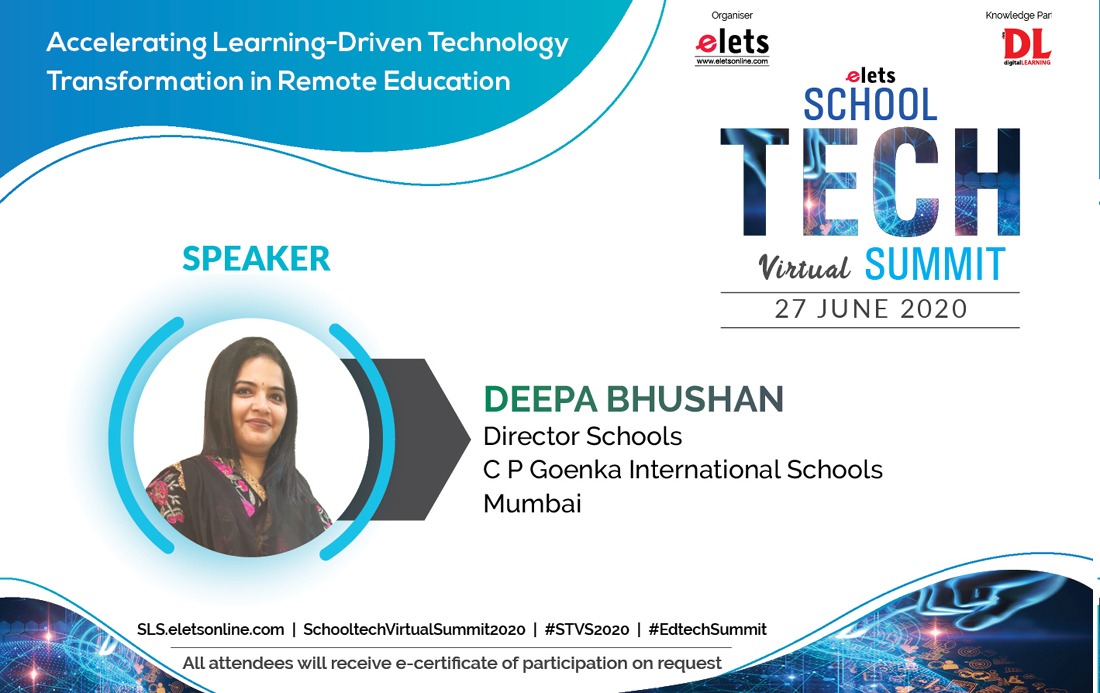 dl_magazine's tweet photo. .@eletsonline is delighted to have Deepa Bhushan, Director Schools, @cpgoenkaschool as an Eminent Speaker at the School Tech Virtual Summit, which will be held on 27 June, 2020.
Register Now: https://t.co/AvR97wtvan
#SchoolTechVirtualSummit2020 #STVS2020 #EdtechSummit https://t.co/LEKlx4ciSx