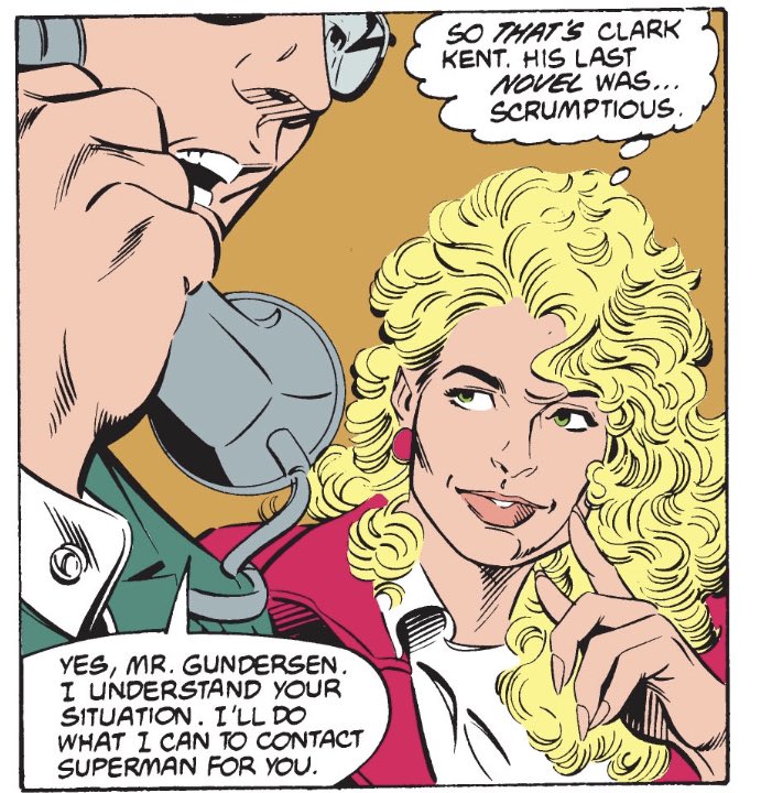 Wolfman & Ordway use Cat Grant’s first appearance to express unambiguously that Clark is hot and hot people think he’s hot. I’m guessing this was a conscious break from the vision of Clark as a sexless bore a la Christopher Reeve etc.