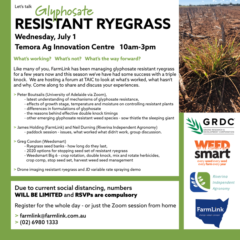 FarmLink Research (@farm_link) on Twitter photo There aren't many spots left in our Glyphosate Resistant Ryegrass Day next Wednesday (July 1) with <a href="/NeilADurning/">Neil Durning</a> <a href="/PBoutsalis/">Peter Boutsalis</a> @weedsmartau <a href="/grassrootsag/">Grassroots Agronomy</a> <a href="/jimmyholding/">James Holding</a>
<a href="/GRDCNorth/">GRDC North</a>. RSVP now via farmlink@farmlink.com.au or (02) 6980 1333
#changeadaptprosper There aren't many spots left in our Glyphosate Resistant Ryegrass Day next Wednesday (July 1) with <a href="/NeilADurning/">Neil Durning</a> <a href="/PBoutsalis/">Peter Boutsalis</a> @weedsmartau <a href="/grassrootsag/">Grassroots Agronomy</a> <a href="/jimmyholding/">James Holding</a>
<a href="/GRDCNorth/">GRDC North</a>. RSVP now via farmlink@farmlink.com.au or (02) 6980 1333
#changeadaptprosper