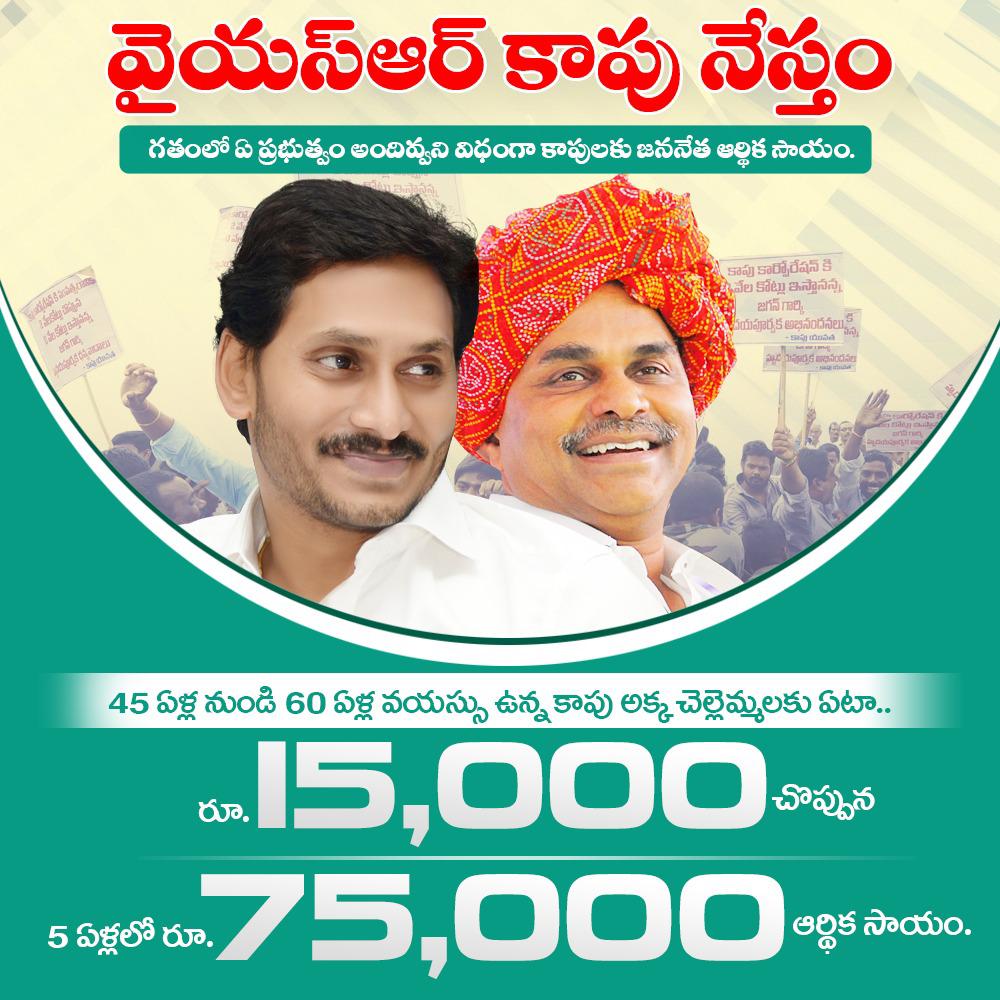ChintalaYSRCP's tweet photo. #YSRKapuNestham ప్రారంభం..45 ఏళ్ల నుంచి 60 ఏళ్లలోపు అర్హులైన కాపు మహిళలకు రూ.15,000..2,35,873 మంది కాపు మహిళలకు రూ.354 కోట్ల లబ్ధి..ఈ పథకం ద్వారా చిత్తూరు జిల్లాలో లబ్ధిపొందుతున్న వారి సంఖ్య 8,400. ప్రాంతాలు, రాజకీయాలు, పార్టీలకు అతీతంగా లబ్ధిదారుల ఎంపిక.
#YSJaganMarkGovernance https://t.co/lAs7Sski84
