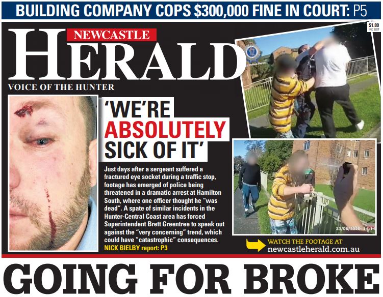 Newcastle's top cop has condemned a spike in violence and abuse towards police across the Hunter and Central Coast. Tomorrow's <a href="/newcastleherald/">Newcastle Herald</a> P1 via <a href="/nickbielby/">Nick Bielby</a>: newcastleherald.com.au/story/6805364/…