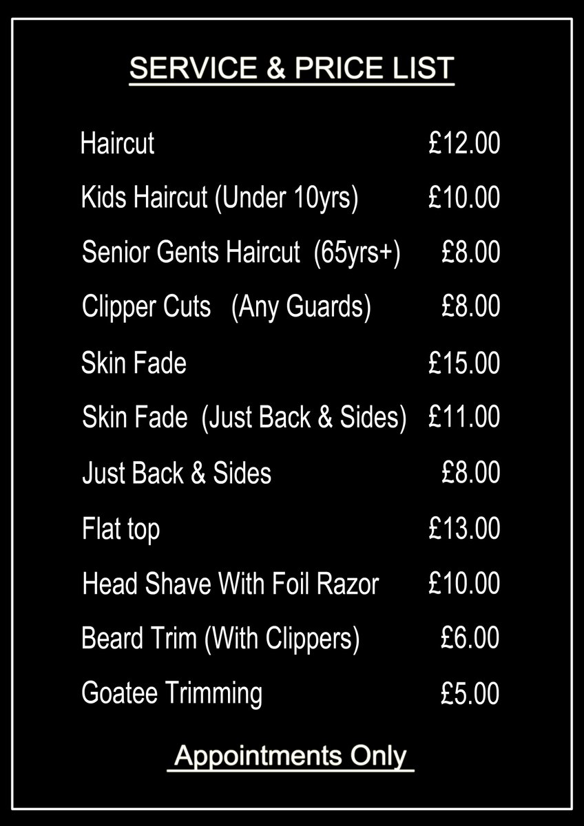 Booking for appointments will be open at noon today! We are looking forward to welcoming you all back soon!
So now how to book, Shop hours and new prices........