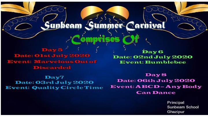 GhazipurSchool's tweet photo. Dear all, 
Sunbeam Summer Carnival begins on 25 June 2020. So pull your socks up to join the this wonderful opportunity. Given below are the details of the events to be organised just go through it find out where do you fit yourself to. https://t.co/9gF2tIKxub