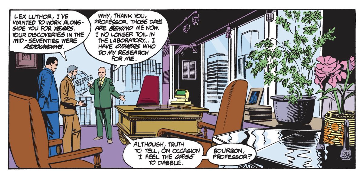 A cool detail they slip into Lex’s backstory here and in the sequence above is that his pre-Crisis characterization as a kinda mad scientist hasn’t been jettisoned. He’s acknowledged as a brilliant scientist in his own right, but one who’s moved on to other (eviler) things.