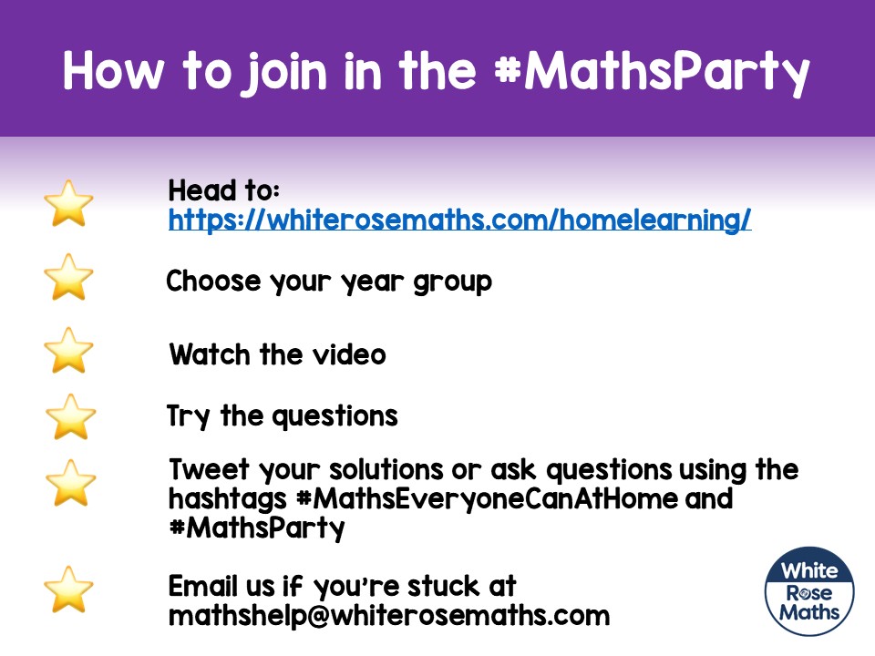 WhiteRoseEd's tweet photo. 🏡 Morning! Who's ready for another day of #HomeLearning?
Here's how to join our midweek #MathsParty!
https://t.co/Pt5mRrqW3a
#MathsEveryoneCanAtHome https://t.co/2TywHY850l