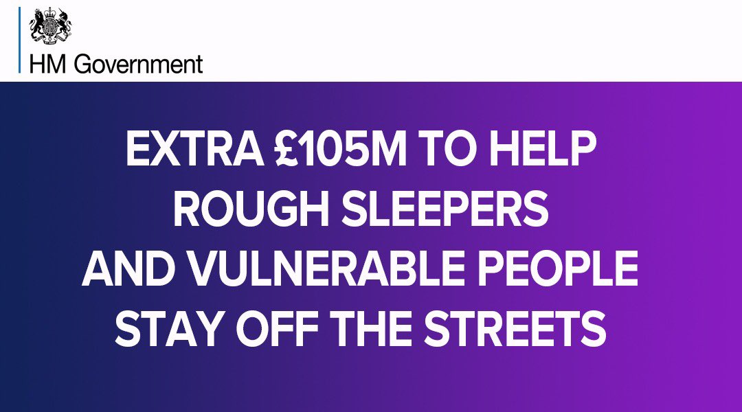 Today we are announcing £105 million to ensure that rough sleepers and vulnerable people in emergency accommodation do not return to the streets  This will help support people to secure tenancies or short-term accommodation before moving into a long-term home (1/4)