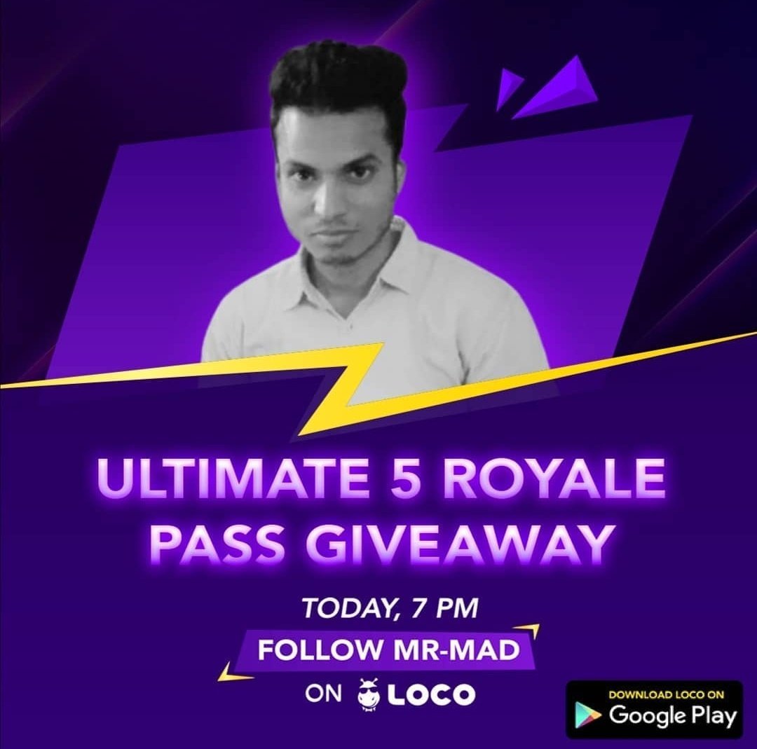 GetLocoNow's tweet photo. Your chance to win 5 Royale Passes!
Participate in the #MrMad giveaway happening on Loco at 7pm toda

#PUBG #PUBGMOBILE https://t.co/GiaVzecXJ5