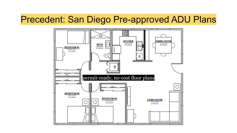 DO 3: PLAN FOR DIY SOLUTIONS. San Diego took it a step further. That floorplan? That’s one of several pre-approved floor plans ready to build as an accessory unit to increase housing stock. Imagine this as a unit you could plug into existing buildings.  https://www.sandiegouniontribune.com/ramona-sentinel/news/story/2019-09-25/county-offers-free-pre-approved-housing-plans