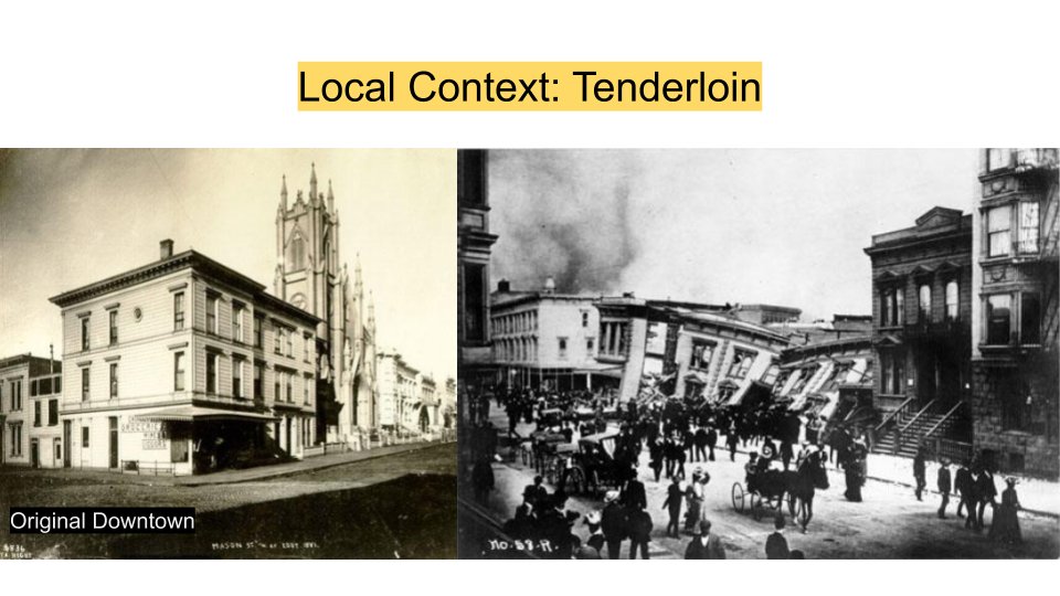 DO 4: “BROKEN WINDOW” FIXING & REFRAMING. Let’s start with fixing, and with an infamous SF neighborhood: The Tenderloin. We think of this locally as the extreme example of urban blight, but its first destruction was by the 1906 earthquake and fire.  https://285turkstreet.com/history-of-the-tenderloin/