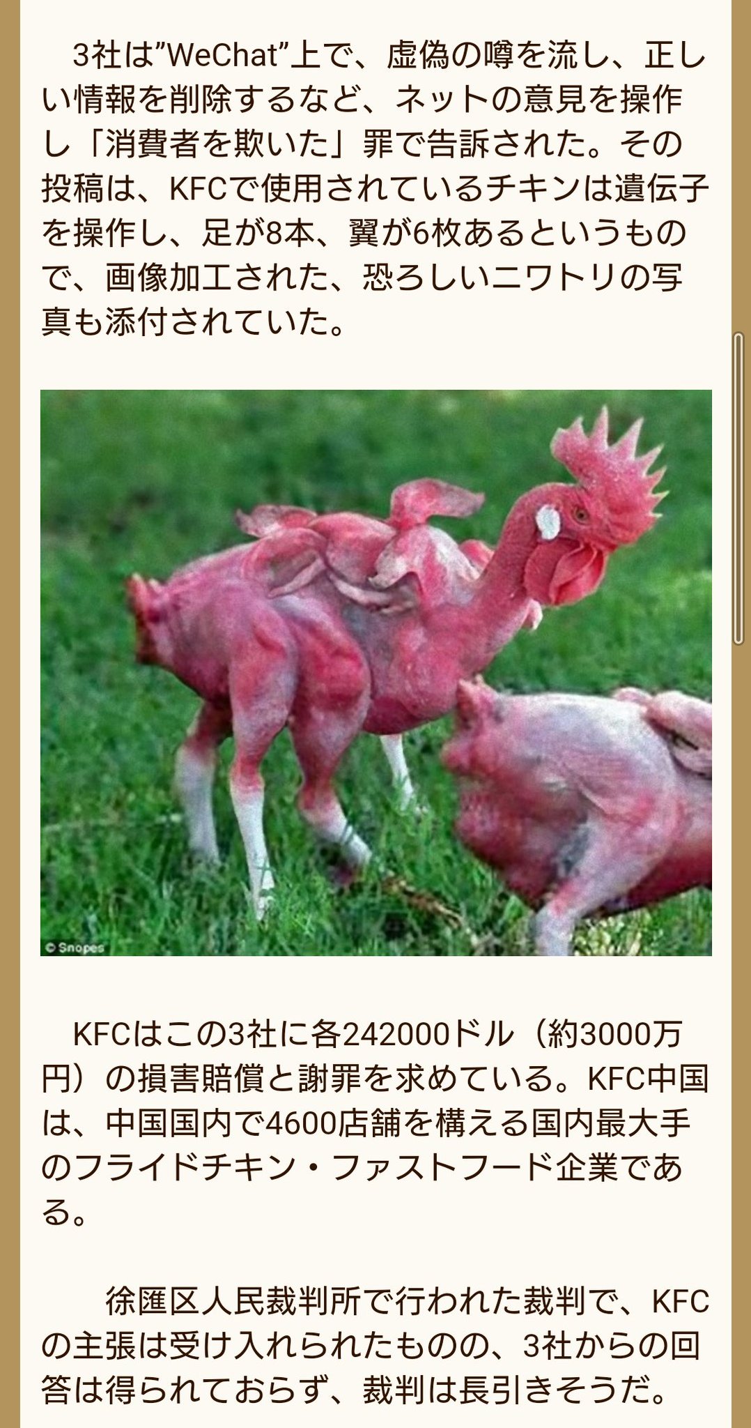 Sisimaru18 ケンタッキーフライドチキンのニワトリが人工的に作られたという写真 中国企業が流したデマで裁判中らしい まぁ冷静に考えて消費者が離れていくようなリスクのあるもん使うより安いブロイラー使うわな どちらを信じるかは個人の勝手として Sisimaru18 ケンタッキーフライドチキンのニワトリが人工的に作られたという写真 中国企業が流したデマで裁判中らしい まぁ冷静に考えて消費者が離れていくようなリスクのあるもん使うより安いブロイラー使うわな どちらを信じるかは個人の勝手として