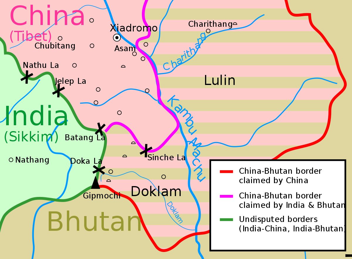 CHINESE TERRITORIAL DISPUTES***********************************5) china- Bhutan dispute**29, 2017, Bhutan protested to China against the construction of a road in the disputed territory of Doklam, at the meeting point of Bhutan, India and China