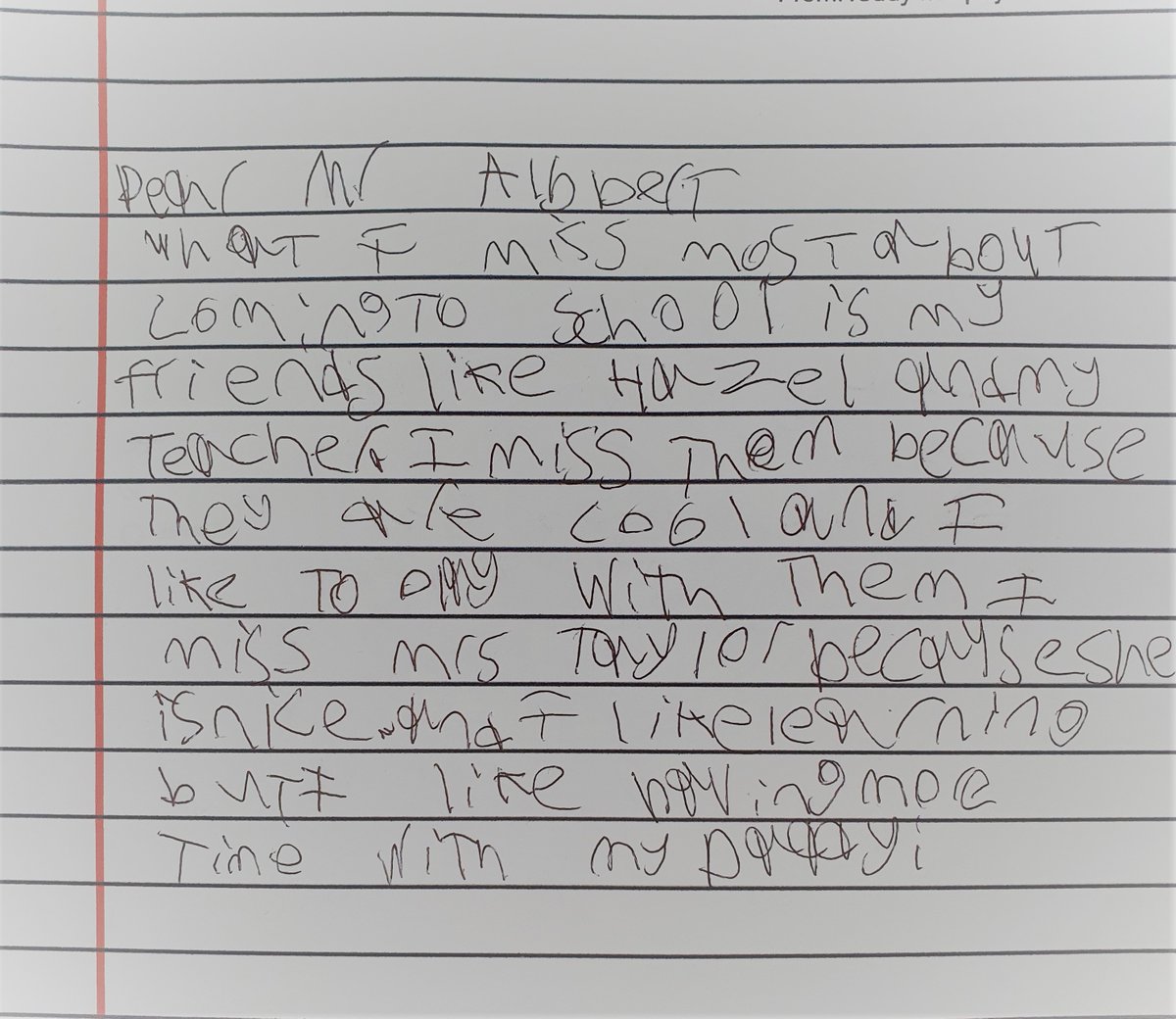 SchoolCranford's tweet photo. @PrimaryAlbert asked you the pupils to write to him and tell him what they're missing most about school. Here's the first one he's received from a young man in Year 1! He misses his friends, his teacher (who is nice) and learning! Fab use of conjunctions! 😀#WritingWizard https://t.co/TXOuRJjOJL