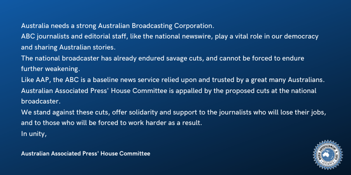 withMEAA's tweet photo. Statement of solidarity for ABC journalists facing redundancies from the @AAPNewswire House Committee. #MEAAmedia #HandsOffOurABC https://t.co/0Ge0IrqHdu