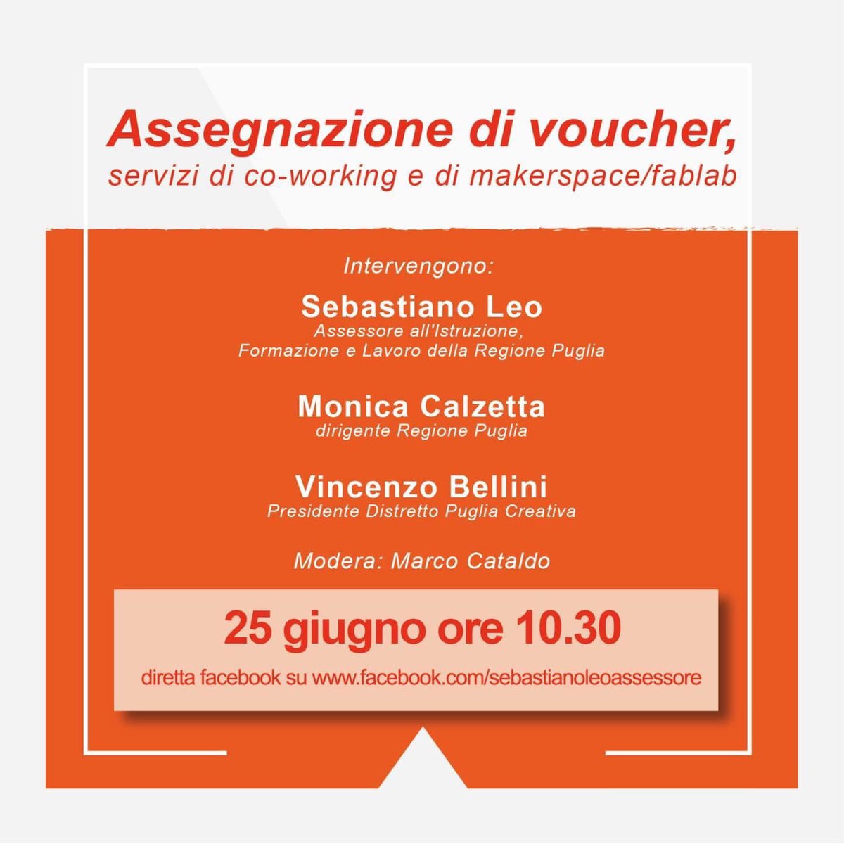 lacapagrossa's tweet photo. ⭕ LIVE | Giovedì 25 giugno ore 10:30

Presentazione bando rivolto a liberi professionisti, imprenditori, giovani per *l’assegnazione di #voucher, servizi di coworking e di makerspace/fablab.*

➡️ diretta su https://t.co/pcvRsy0ZSA

#bandovoucher #coworking #coworkingpuglia https://t.co/vCaxjTonfn