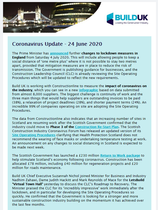 BuildUK's tweet photo. Our latest daily statement is now available, covering the changes to lockdown measures in England, updates to the Scottish Site Operating Procedures and data from @constructline measuring the impact of coronavirus on #construction.

Read in full here:

https://t.co/QK4XkoF6nj https://t.co/YZCaAENCM8