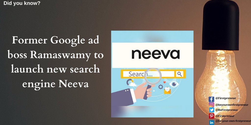 BeFirstpreneur's tweet photo. Did you know?
Former Google ad boss Ramaswamy to launch a new search engine Neeva.
It will not show any advertisements and will be subscription-based.
#BeyourownFirstpreneur
#WednesdayWisdom #onlinemarketing #onlinebusiness #google #newsearchengine #neeva #newsearchengineneeva https://t.co/fICca7uEy4