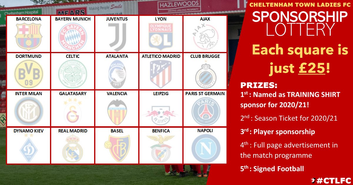 CTWomenFC's tweet photo. SPONSOR LOTTERY | 

Calling all #Cheltenham &amp; #Gloucester local businesses, we’re giving you the chance to become a CTLFC tracksuit or training shirt sponsor for just £25, plus a few other prizes up for grabs!

To pick your square, contact Andy Liddle on Chairman@ctlfc.com https://t.co/saCzo1WH1R