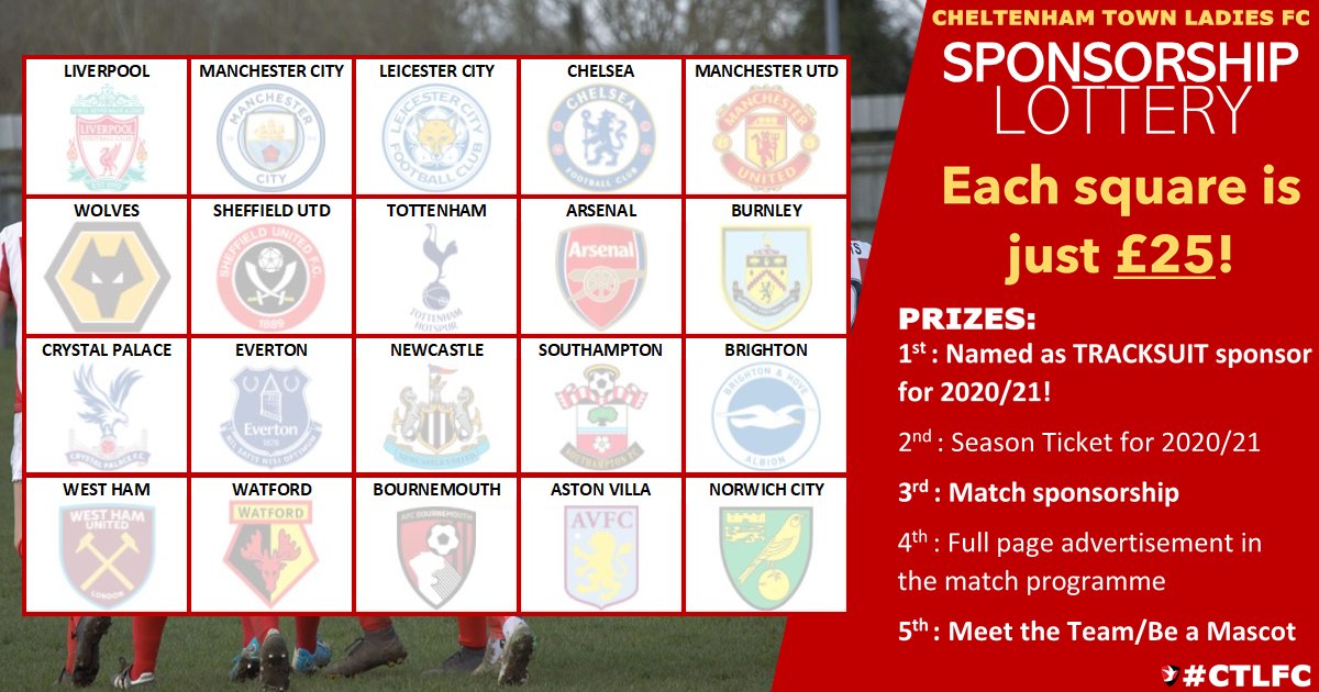 CTWomenFC's tweet photo. SPONSOR LOTTERY | 

Calling all #Cheltenham &amp; #Gloucester local businesses, we’re giving you the chance to become a CTLFC tracksuit or training shirt sponsor for just £25, plus a few other prizes up for grabs!

To pick your square, contact Andy Liddle on Chairman@ctlfc.com https://t.co/saCzo1WH1R