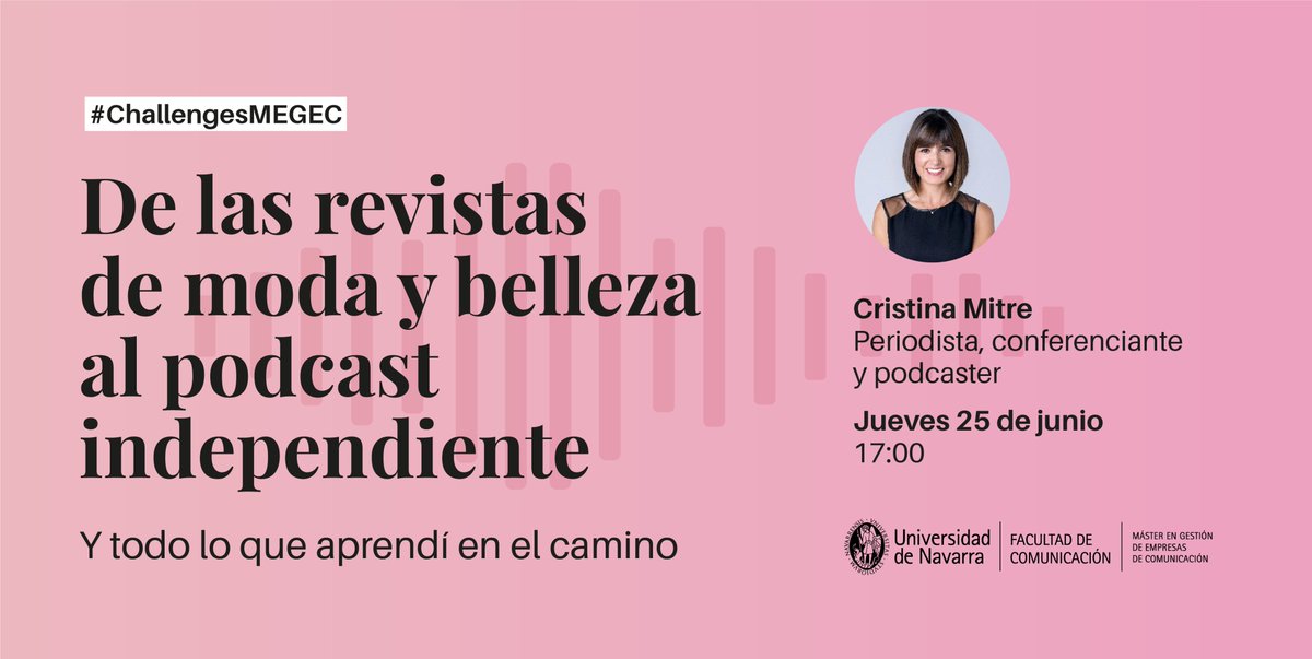 megec_unav's tweet photo. ➡️Mañana vuelve #ChallengesMEGEC con @cristinamitre
🤳emprendedora creativa: #podcasts, contenidos de moda, belleza y running, #Instagram, marca personal...
¡Reserva tu plaza!
https://t.co/geYcJEUpQV https://t.co/NnVJZaUsEn