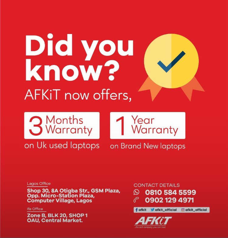 12. Do warranty come with Laptops bought?A: Yes. 3 months warranty comes with every laptop bought from Afkit. UK used&a year New laptops.13. Can you swap an old version of a laptop for a new generation laptop?A:Yes we do.Although we still consider some factors, as stated in 10
