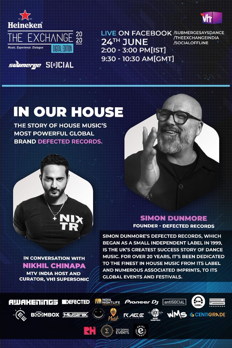 We start in 45 mins at 2:00pm IST. Join me on fb.com/submergesaysda… as I talk to @SimonDunmore about his journey with House Music’s most powerful global brand, @DefectedRecords. #TheExchange2020 @Submergemusic @SocialOffline @Vh1India