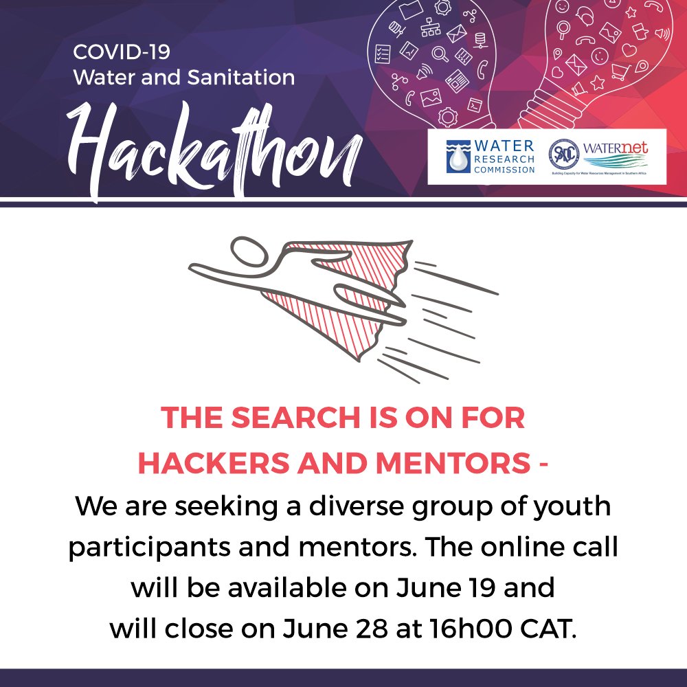 WaterResearchSA's tweet photo. With four days to go, you can still join the challenge. The online call will close on June 28 at 16h00 CAT. Click here to register https://t.co/t7GrLpkByO
#Hack4Water https://t.co/KpxmBqU7DQ
