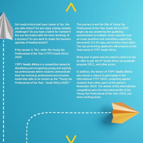 UJCareerService's tweet photo. EY has an exciting competition running. They are currently looking for the Young Tax Professional of the Year 2020. 

Apply: https://t.co/jjohsMBWSf

Please see pics for deets. Swipe left ;)

#YTPY2020
#BuildYourSkillset 
#YourFutureCareer
#UJCareerServices
#YourCareerReimagined https://t.co/f0Yz3lKPq1