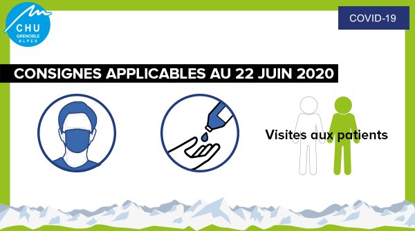 CHU Grenoble Alpes (@chu_grenoble) on Twitter photo Le CHU Grenoble Alpes autorise à nouveau, et de manière progressive, les visites aux patients hospitalisés dès le 22 juin. Retrouvez toutes les modalités de visites : chu-grenoble.fr/content/visite…
Attention, les accompagnants ne sont toujours pas autorisés, sauf autorisation médicale Le CHU Grenoble Alpes autorise à nouveau, et de manière progressive, les visites aux patients hospitalisés dès le 22 juin. Retrouvez toutes les modalités de visites : chu-grenoble.fr/content/visite…
Attention, les accompagnants ne sont toujours pas autorisés, sauf autorisation médicale