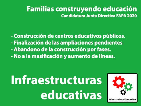 Este sábado 27J personas de varias #AMPAs de la <a href="/ComunidadMadrid/">Comunidad de Madrid</a> presentamos una candidatura fresca y
amplia a la junta directiva de la <a href="/FAPA_Giner_Rios/">FAPA Giner Ríos</a>. #ConstruimosEducación por y para ti.
#ParlaLuchaPorLaPublica