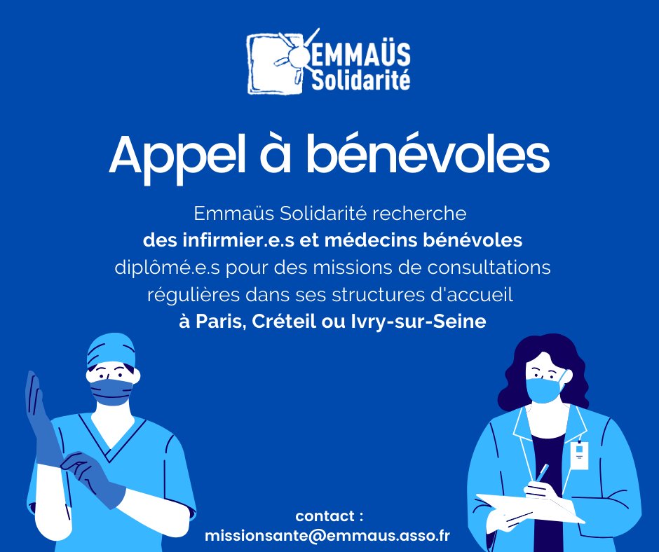 EMMAUSolidarite's tweet photo. #Bénévolat

Nous recherchons des https://t.co/PFUlLIuiAM et #médecins diplômés pour des missions bénévoles régulières au sein de nos accueils de jour à Paris, Ivry-sur-seine et Créteil. 

➡️Contactez-nous : missionsante@emmaus.asso.fr https://t.co/SE6Ldegoia