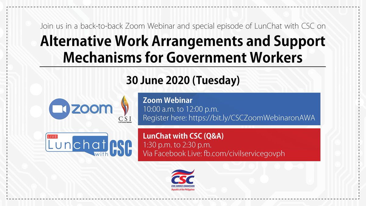 cscphmedia's tweet photo. Yes, our government has to keep working even while coping with the #COVID19 pandemic. Learn more about 
#WorkFromHome and other alternative work arrangements in the #civilservice from this webinar set on June 30 at 10 AM. Watch the live stream at https://t.co/OjnwjJduz2. https://t.co/jwOhh8hG5c