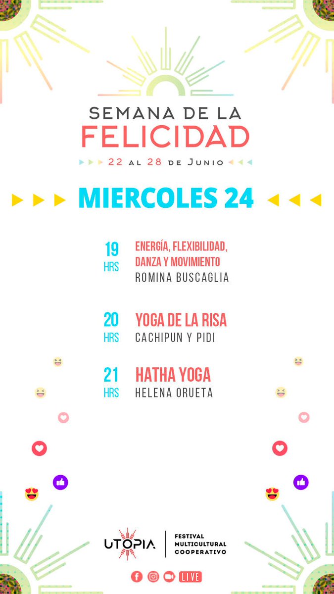 HOY MIÉRCOLES  ❤️ LIBERAREMOS DOPAMINA Y OXITOCINA AL MÁXIMO EN NUESTRO CEREBRO 😍 #semanadelafelicidad 🌈 UTOPÍA 2020

➡️ 19:00 HRS - 20:00 HRS
➡️ TALLER "ENERGÍA, FLEXIBILIDAD, DANZA Y MOVIMIENTO"
Romina Buscaglia
Instalive @festivalutopiachile ⤵️
instagram.com/festivalutopia…