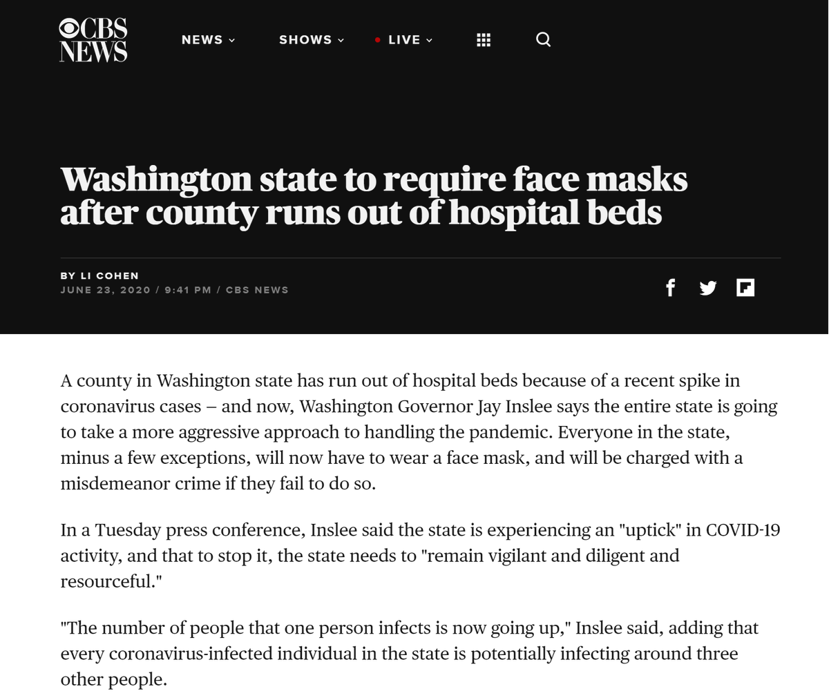 yet CBS runs this:it's more "how to scare with selective truth" lessons (this is getting formulaic)it refers to one hospital in one county (yakima)yakima county has 251k people, 3.3% of washinton state.virginia mason memorial (the one hospital they cite) has 27 ICU beds