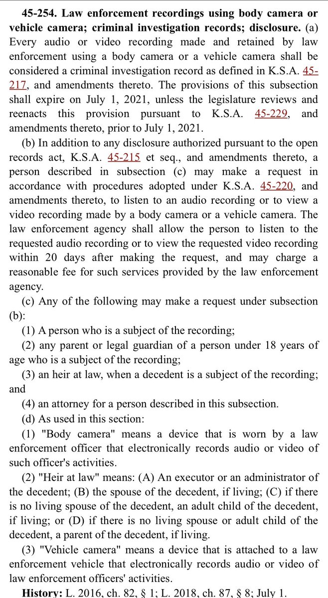 Good morning! Today I learned that Kansas’ statute on body camera footage renders it practically useless from a public transparency perspective. Apparently -all- such footage is considered a record of a criminal investigation.