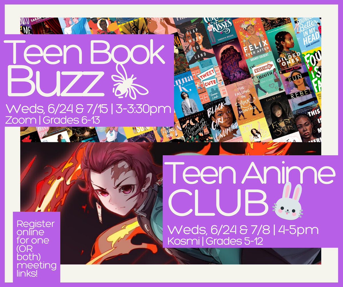We've got two great virtual #teenprograms happening TODAY!

Teen Book Buzz - 3pm
For more info & to register for the Zoom meeting, go to: stratfordlibrary.libcal.com/event/6756993

Anime Club - 4pm
For more info & to register for the Kosmi link, go to: stratfordlibrary.libcal.com/event/6721018