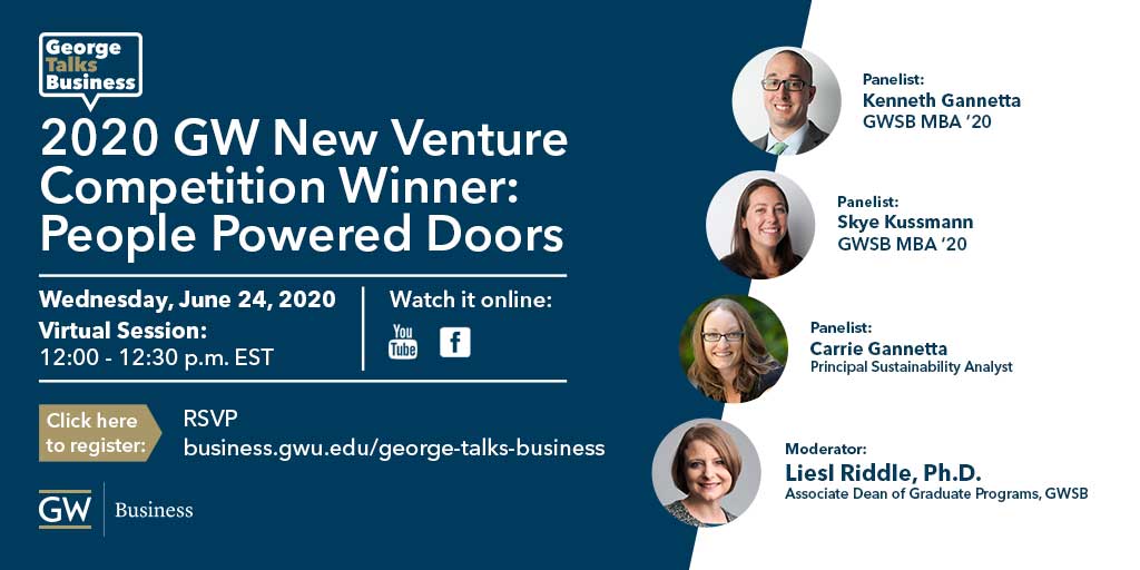 12 -12:30 p.m. ET Today! 
George Talks Business with People Powered Products – first place winners in the New Venture Track, Opportune Clean Energy &amp; Healthcare Prize in GW’s 2020 New Venture Competition. 
 <a href="/GWtweets/">GW University</a>
Streaming on Facebook &amp; YouTube :  ow.ly/WV0s50AcT74