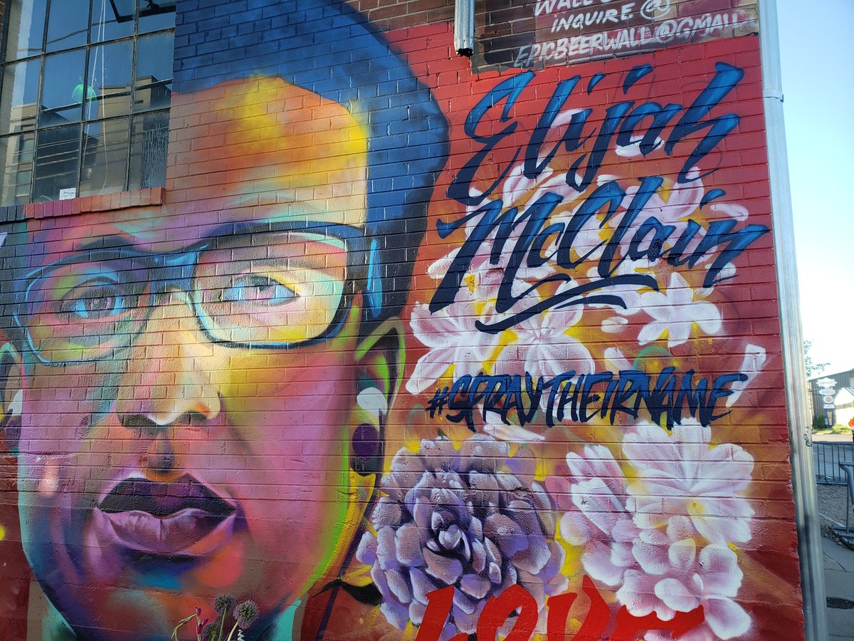 eddierandle's tweet photo. This mural of #ElijahMcClain can be seen in @RiNoArt by many but millions  now know his name after a @Change petition for justice reaches 2 million signatures we are live on #9news with where @AuroraGov is in his case #spraytheirnames @NatashaVermaTV @CoreyRoseTV https://t.co/Y4gH2BzKiu