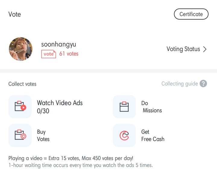 6. fanplus- collect votes!! - don't forget to give votes to your friends- you can use 'soonhangyu' as your referrer (we will both receive 500 cash and convert it into votes)- vote for the best leader, choi seungcheol!!