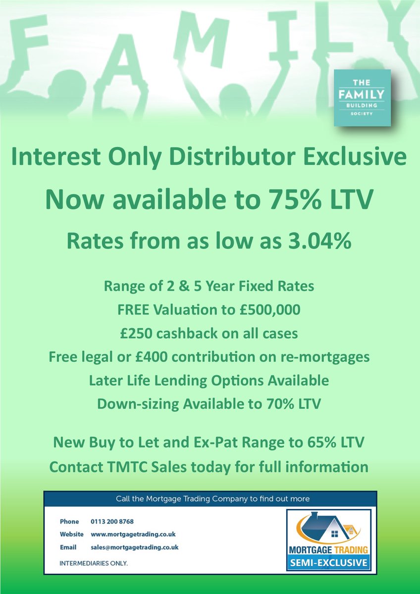 Family BS Semi-Exclusives available now !!!!

Contact Sales @ TMTC today on 0113 2008768 for full information 

<a href="/SalesTmtc/">TMTC</a> <a href="/ChefPaulrob71/">Paul Roberts</a> <a href="/FamilyBSoc/">Family Building Society</a>

*Intermediary Only