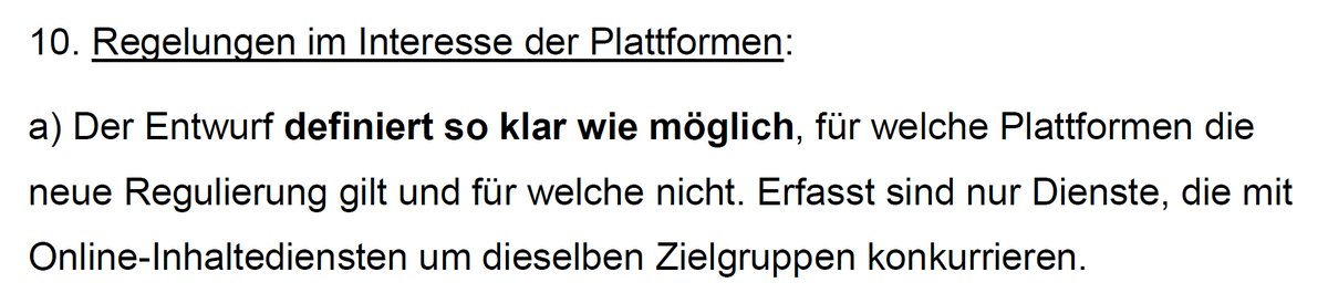 Auch die Definition für erfasste Plattformen ist gelungen. Start-Ups werden ausgenommen, auch wenn sie älter als 3 Jahre sind, wenn ihr Umsatz unter 1 Mio € liegt. Generell nur Plattformen erfasst, die in Konkurrenz zu Online-Inhaltsdiensten stehen. Was heißt das konkret?