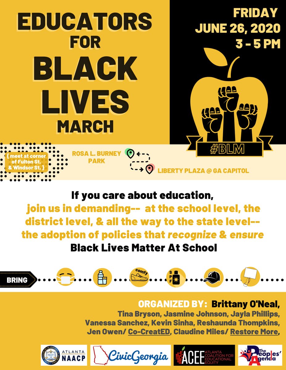 MadeIn_GA's tweet photo. Calling on all educators, parents, students, anyone who wants to support the changes we demand in the educational system. Educators for Black Lives March this Friday, June 26th 3-5pm. #Atlanta #BLM #educatorsforblacklives #strongertogether #BlackLivesMatter #GAeducators https://t.co/KFdWDskgPX
