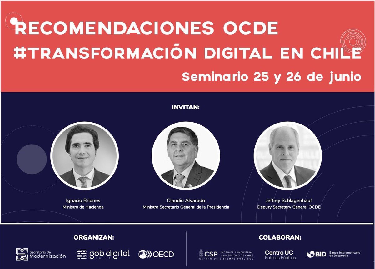 ChileOECD's tweet image. 📣 ¡No te lo pierdas!

Este jueves 25 y viernes 26 Seminario web sobre las recomendaciones OCDE para fortalecer el desarrollo del gobierno digital en Chile

INSCRÍBITE 👉 bit.ly/2Nq1u5G

#TransformacionDigital