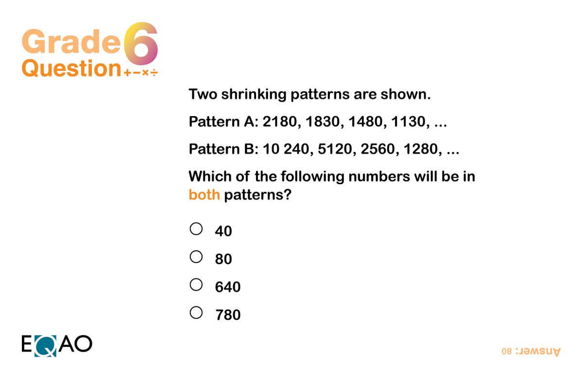 eqao's tweet image. Patterning and algebra!

Today’s question is from the mathematics component of our Grade 6 Assessment of Reading, Writing and Mathematics.
#SupportStudentLearning